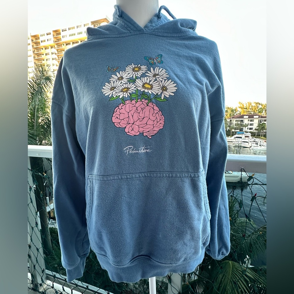 Primitive Blue Brain & Daisies Graphic Hoodie Pullover Sweatshirt Size M